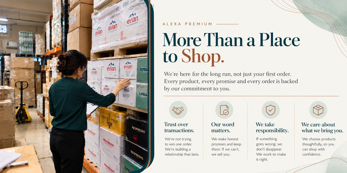 **ALEXA PREMIUM**

# More Than a Place to Shop.

We’re here for the long run, not just your first order. Every product, every promise and every order is backed by our commitment to you.

### 01. Trust over transactions.
We’re not trying to win one order. We’re building a relationship that lasts.

### 02. Our word matters.
We make honest promises and keep them. If we can’t, we tell you.

### 03. We take responsibility.
If something goes wrong, we don’t disappear. We work to make it right.

### 04. We care ab